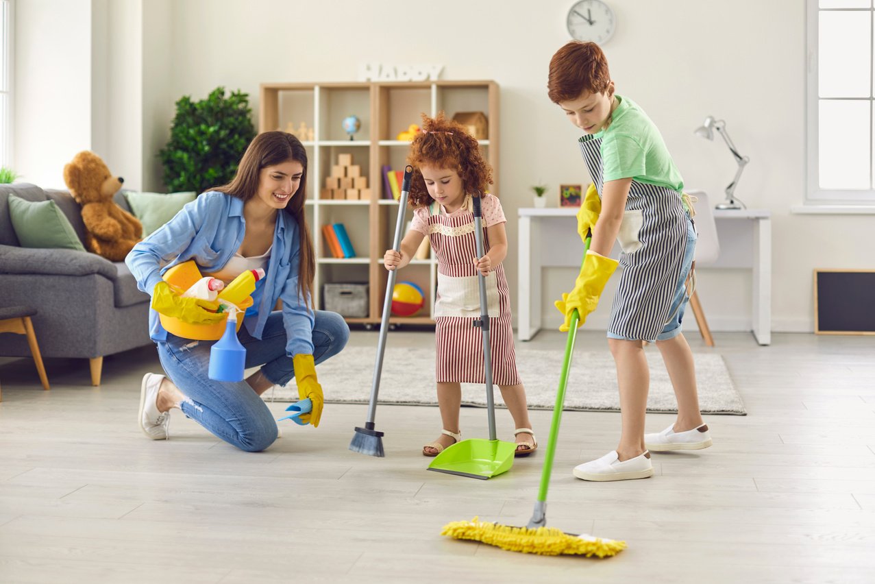 Family Cleaning House, Hygiene. Cleanliness and Tidiness. Housework, Housecleaning